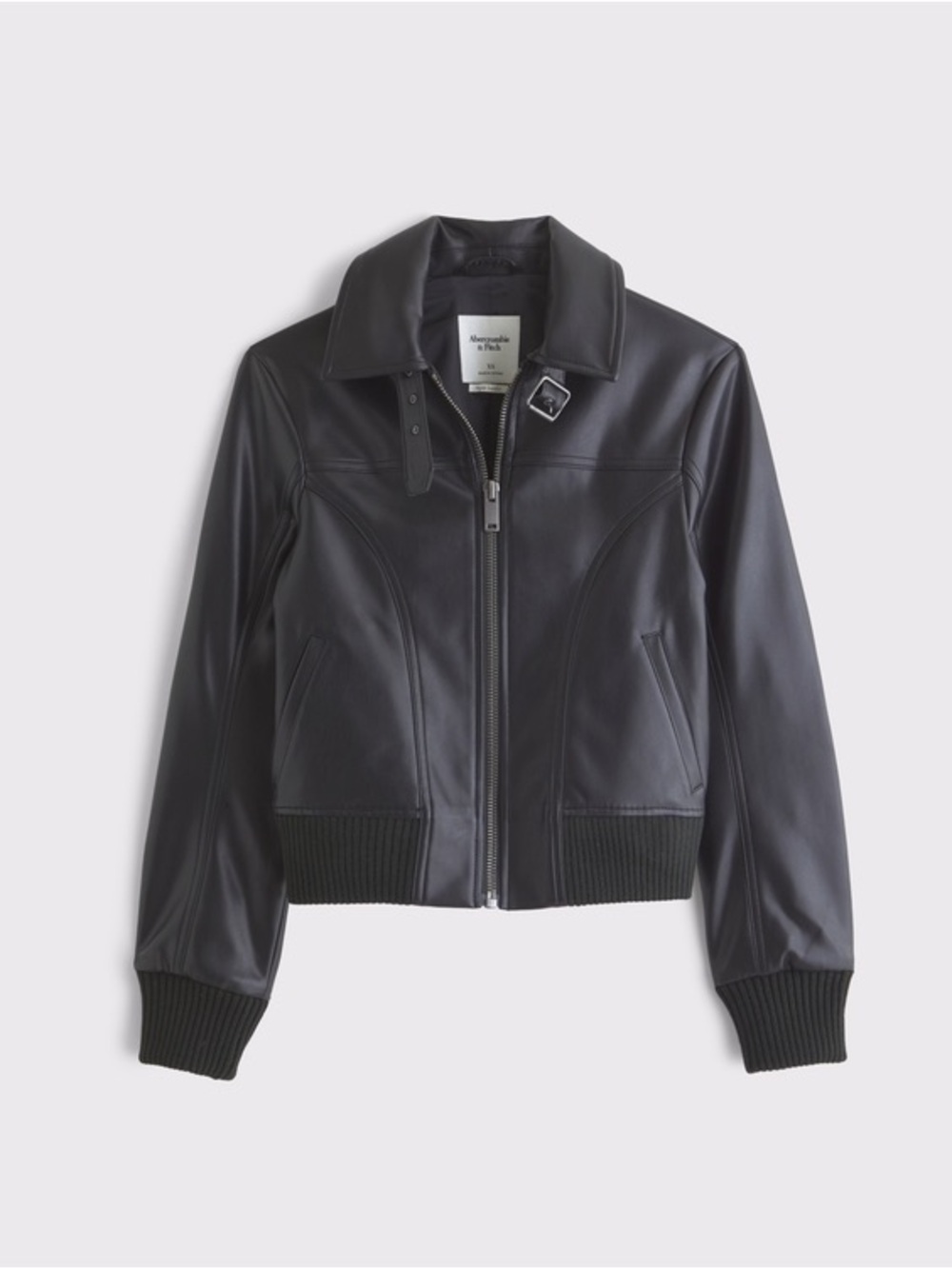 Abercrombie & Fitch Black Leather Bomber with Buckle Collar